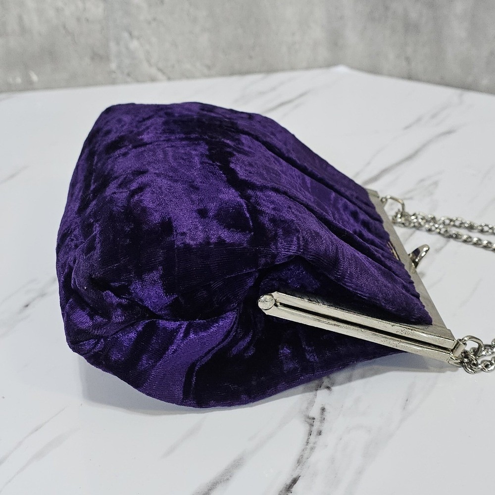 Vintage Purple Velvet Evening Bag Silver Frame Chain Strap Kiss Lock Purse - Picture 11 of 16
